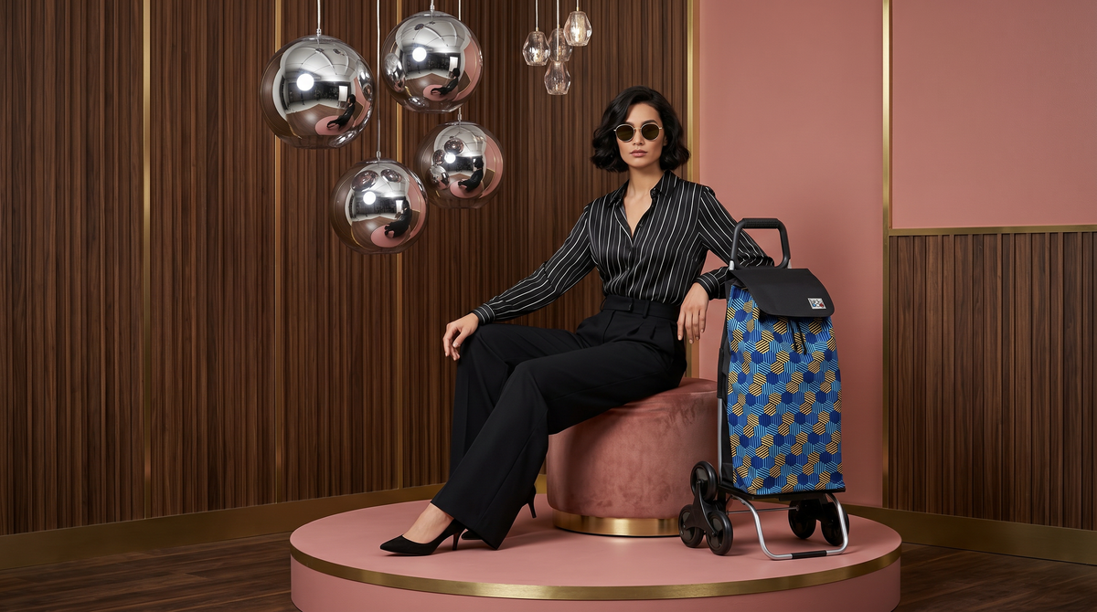Femme assise avec un chariot SIDEBAG Carlux Hexablue 6 roues