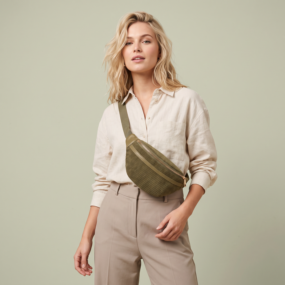 Frau trägt die Bauchtasche Capri in Olive als Umhängetasche zu einer naturfarbenen Leinenbluse