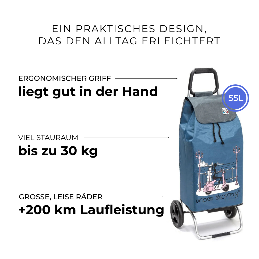 Einkaufstrolley Carlux Bleu US 55 L, 2 Räder, ergonomischer Griff, bis zu 30 kg Stauraum, leise Räder mit über 200 km Laufleistung