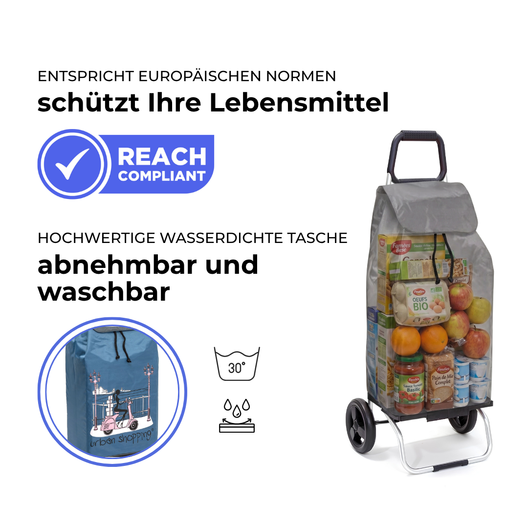 Einkaufstrolley Carlux Bleu US 55 L, 2 Räder, REACH-konform, wasserdichte Tasche abnehmbar und bei 30 Grad waschbar