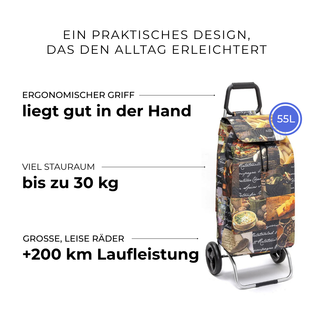 Einkaufstrolley Carlux Food 55 L, 2 Räder, ergonomischer Griff, bis zu 30 kg Stauraum, leise Räder mit über 200 km Laufleistung