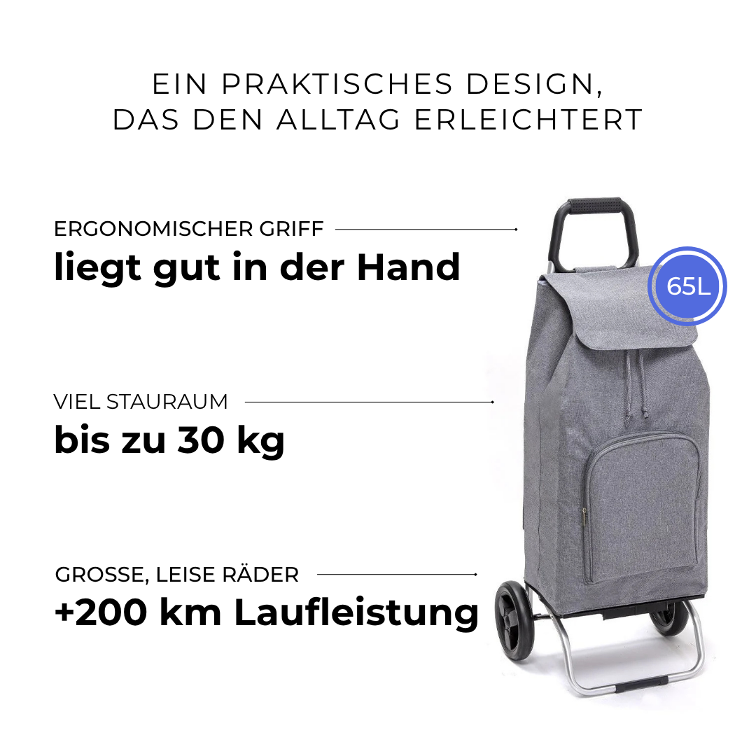 Einkaufstrolley Carlux Grau meliert 65 L, mit 10-L-Tasche, 2 Räder, ergonomischer Griff, bis zu 30 kg Stauraum, leise Räder mit über 200 km Laufleistung