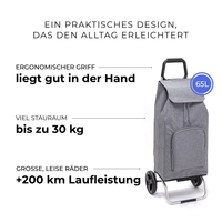 Einkaufstrolley Carlux Grau meliert 65 L, mit 10-L-Tasche, 2 Räder, ergonomischer Griff, bis zu 30 kg Stauraum, leise Räder mit über 200 km Laufleistung