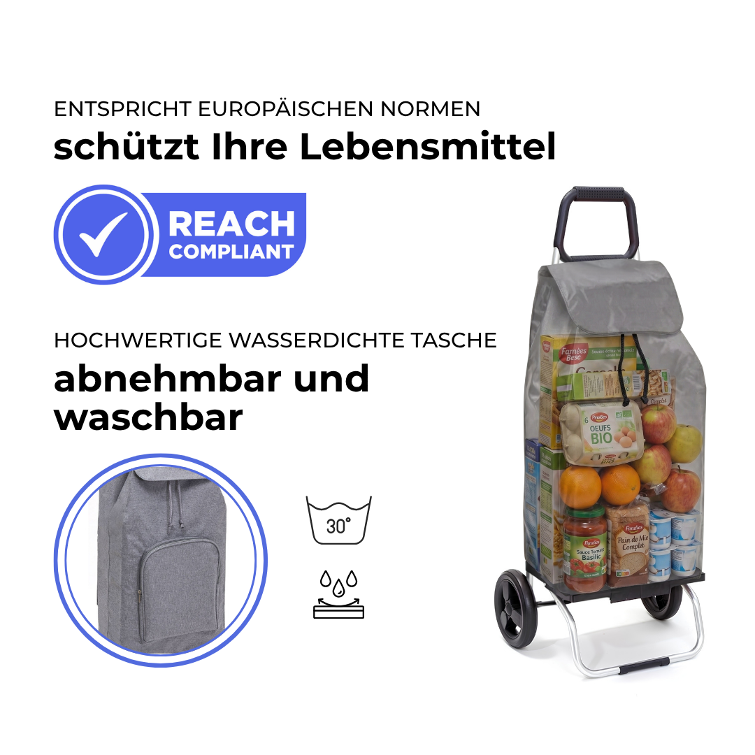 Einkaufstrolley Carlux Grau meliert 65 L, mit 10-L-Tasche, 2 Räder, REACH-konform, wasserdichte Tasche abnehmbar und bei 30 Grad waschbar