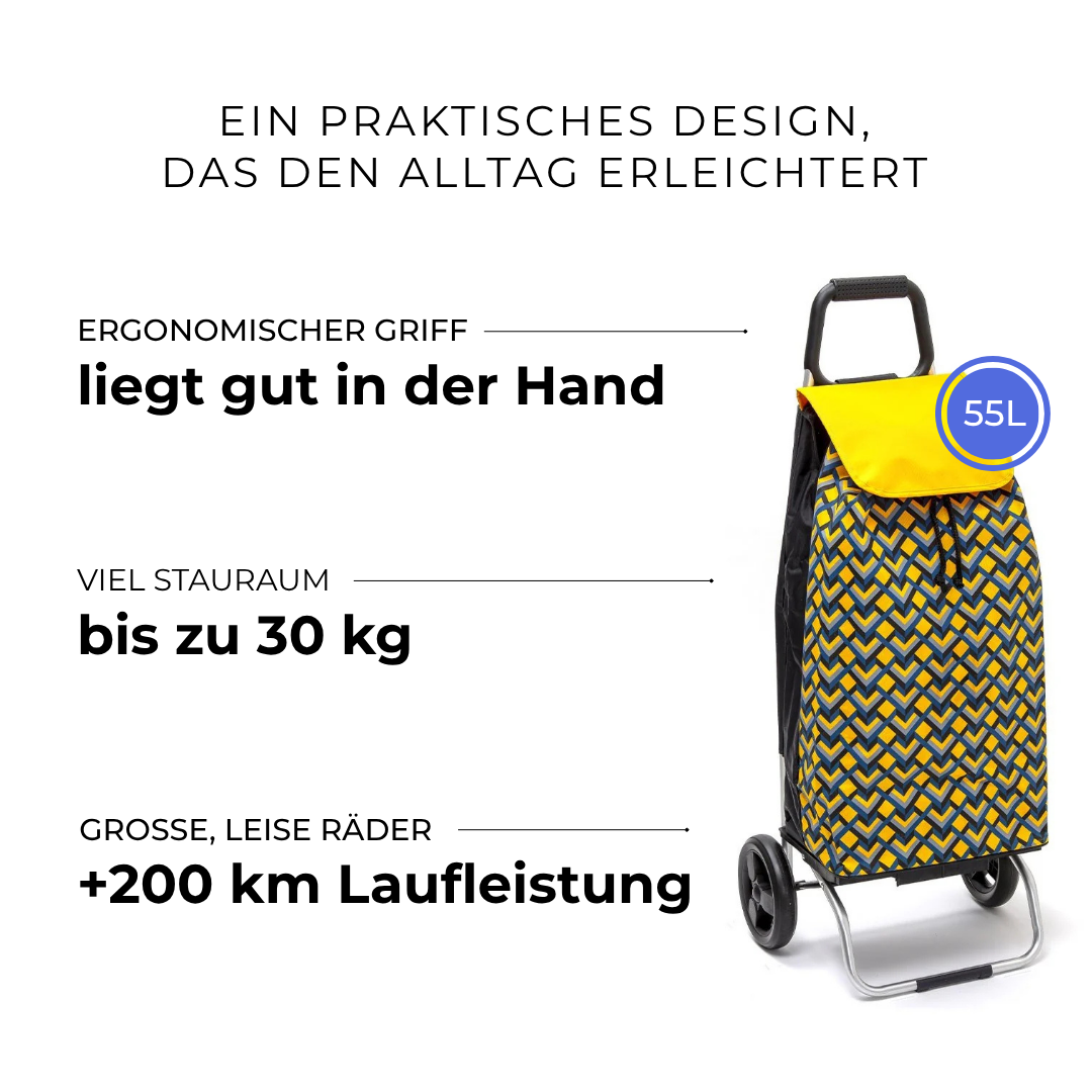 Einkaufstrolley Carlux Geometrik Jaune 55 L, 2 Räder, ergonomischer Griff, bis zu 30 kg Stauraum, leise Räder mit über 200 km Laufleistung