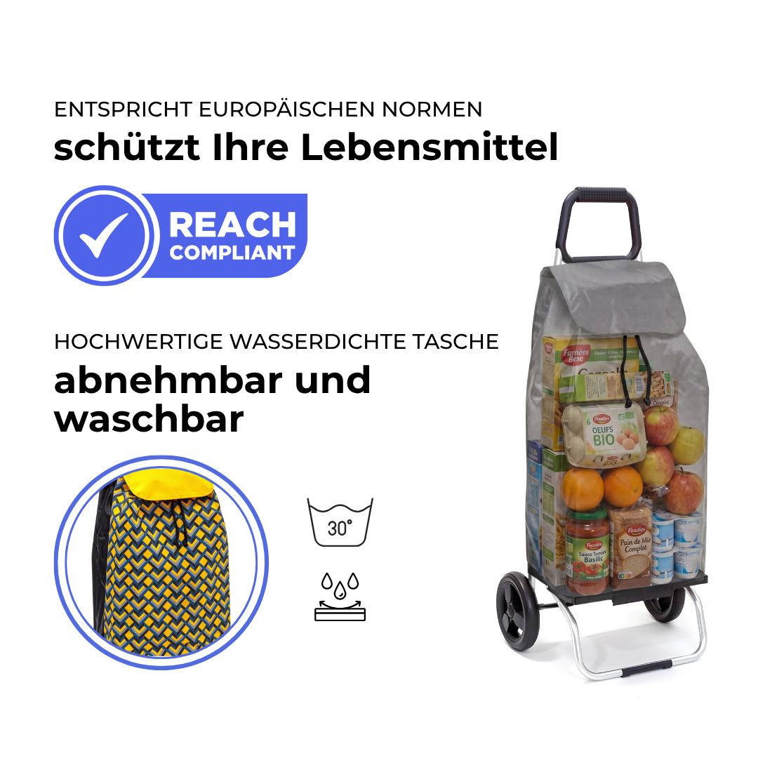 Einkaufstrolley Carlux Geometrik Jaune 55 L, 2 Räder, REACH-konform, wasserdichte Tasche abnehmbar und bei 30 Grad waschbar