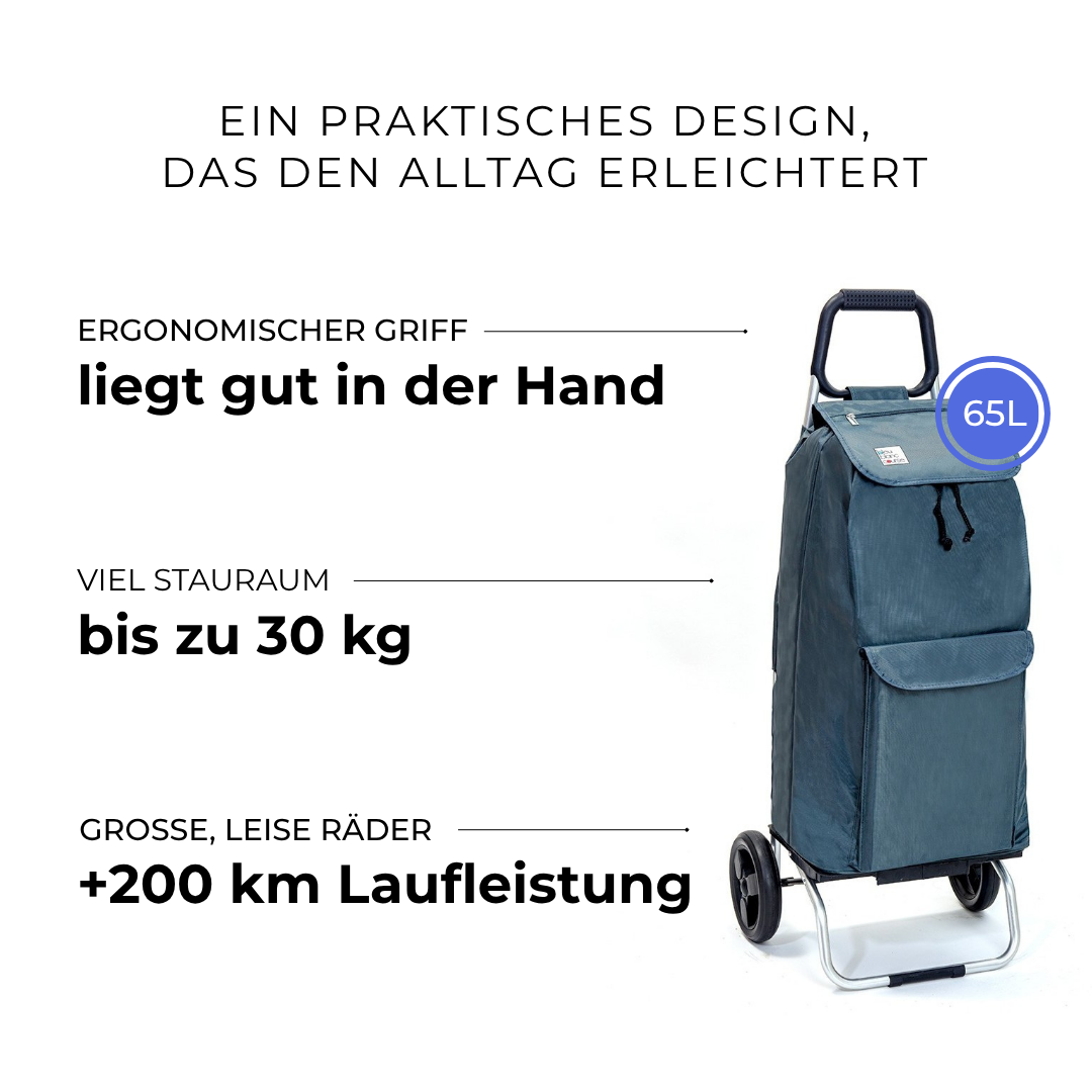 Einkaufstrolley Carlux Grau 65 L, mit 10-L-Tasche, 2 Räder, ergonomischer Griff, bis zu 30 kg Stauraum, leise Räder mit über 200 km Laufleistung