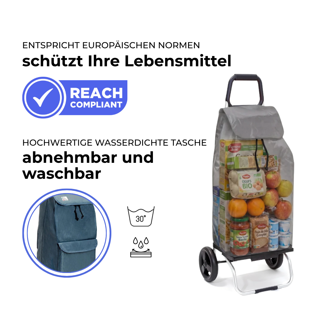 Einkaufstrolley Carlux Grau 65 L, mit 10-L-Tasche, 2 Räder, REACH-konform, wasserdichte Tasche abnehmbar und bei 30 Grad waschbar