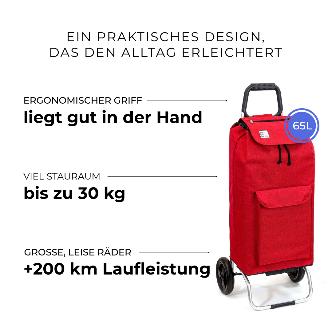 Einkaufstrolley Carlux Rot 65 L, mit 10-L-Tasche, 2 Räder, ergonomischer Griff, bis zu 30 kg Stauraum, leise Räder mit über 200 km Laufleistung