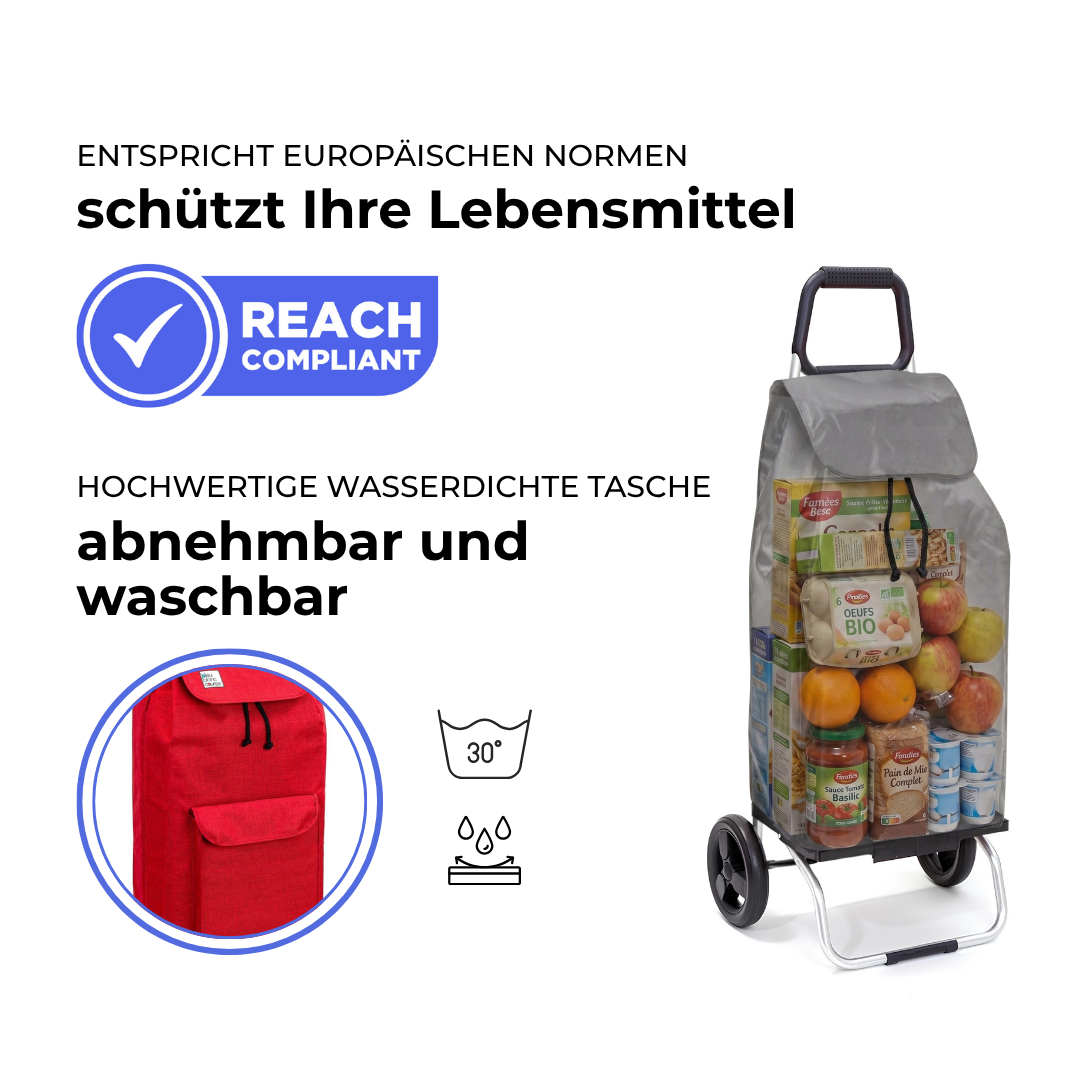 Einkaufstrolley Carlux Rot 65 L, mit 10-L-Tasche, 2 Räder, REACH-konform, wasserdichte Tasche abnehmbar und bei 30 Grad waschbar