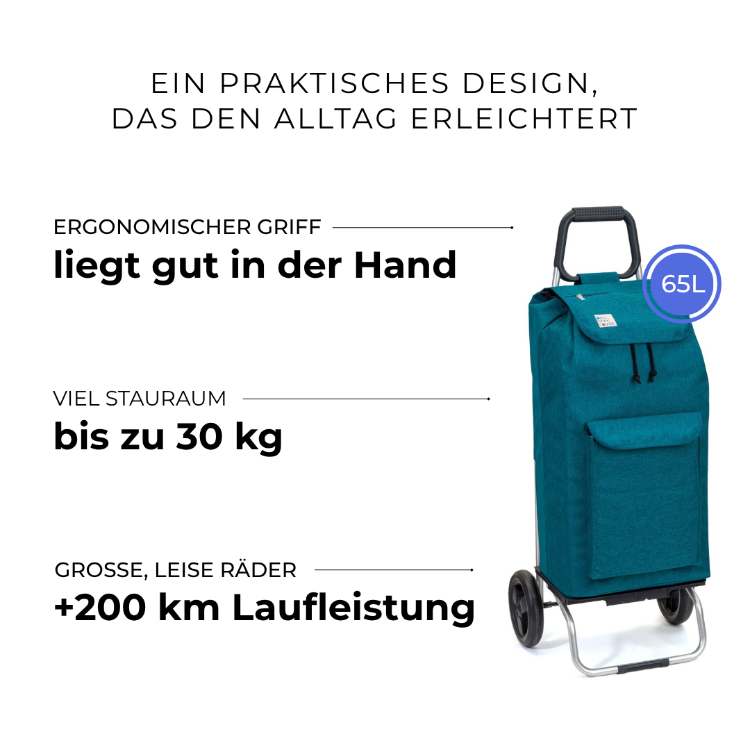 Einkaufstrolley Carlux Türkis 65 L, mit 10-L-Tasche, 2 Räder, ergonomischer Griff, bis zu 30 kg Stauraum, leise Räder mit über 200 km Laufleistung