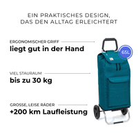 Einkaufstrolley Carlux Türkis 65 L, mit 10-L-Tasche, 2 Räder, ergonomischer Griff, bis zu 30 kg Stauraum, leise Räder mit über 200 km Laufleistung