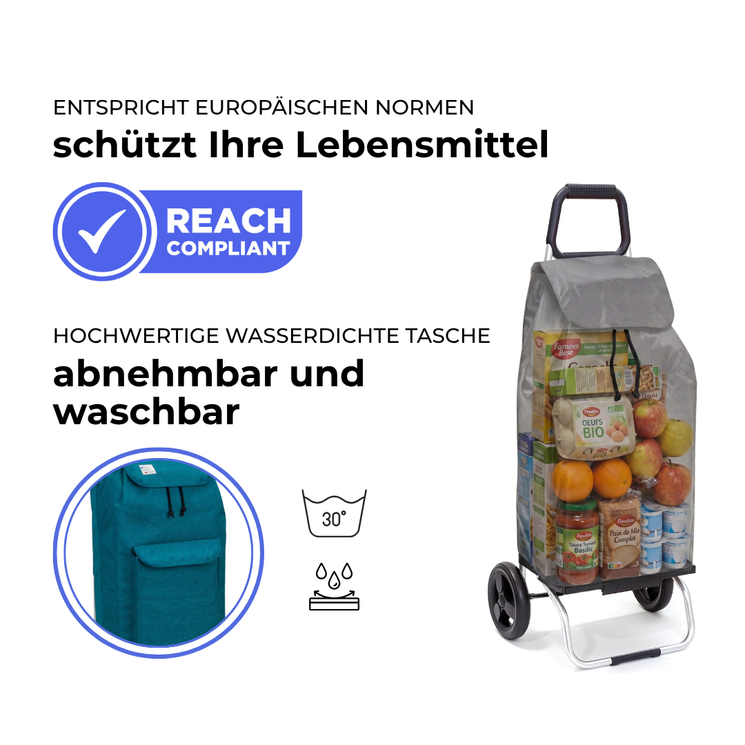 Einkaufstrolley Carlux Türkis 65 L, mit 10-L-Tasche, 2 Räder, REACH-konform, wasserdichte Tasche abnehmbar und bei 30 Grad waschbar