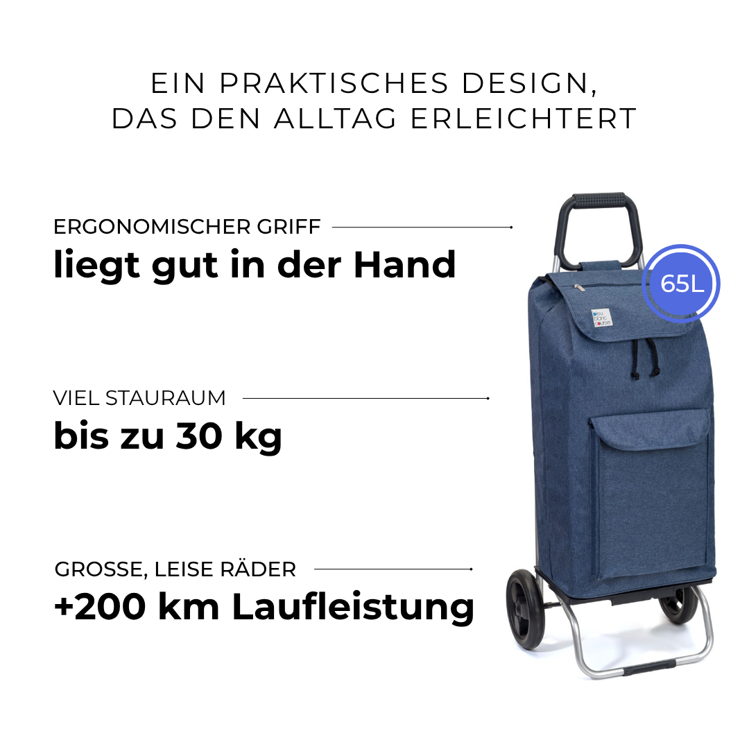 Einkaufstrolley Carlux Blau 65 L, mit 10-L-Tasche, 2 Räder, ergonomischer Griff, bis zu 30 kg Stauraum, leise Räder mit über 200 km Laufleistung