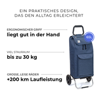 Einkaufstrolley Carlux Blau 65 L, mit 10-L-Tasche, 2 Räder, ergonomischer Griff, bis zu 30 kg Stauraum, leise Räder mit über 200 km Laufleistung
