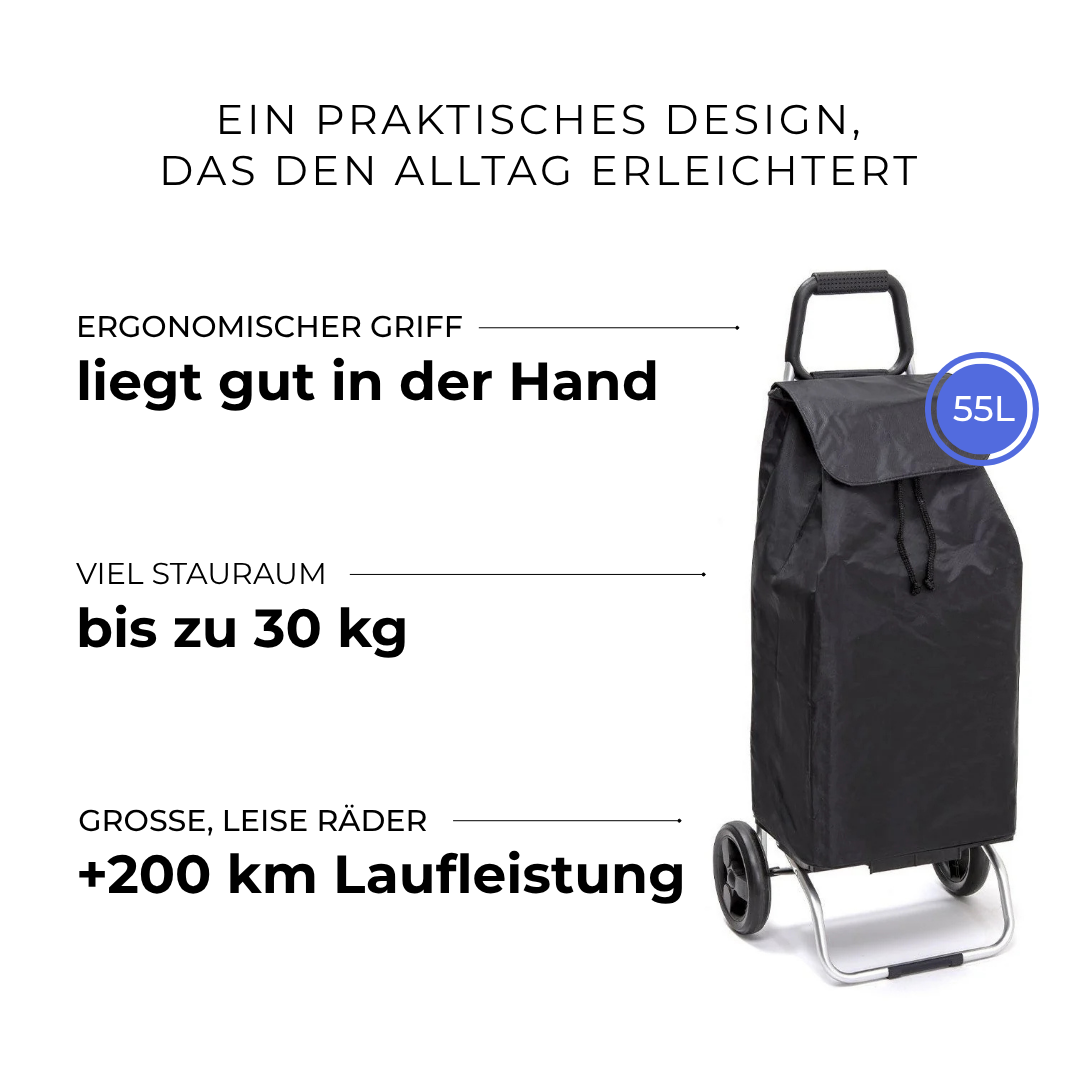 Einkaufstrolley Carlux Éco Noir 55 L, 2 Räder, ergonomischer Griff, bis zu 30 kg Stauraum, leise Räder mit über 200 km Laufleistung