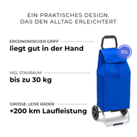 Einkaufstrolley Carlux Éco Bleu 55 L, 2 Räder, ergonomischer Griff, bis zu 30 kg Stauraum, leise Räder mit über 200 km Laufleistung