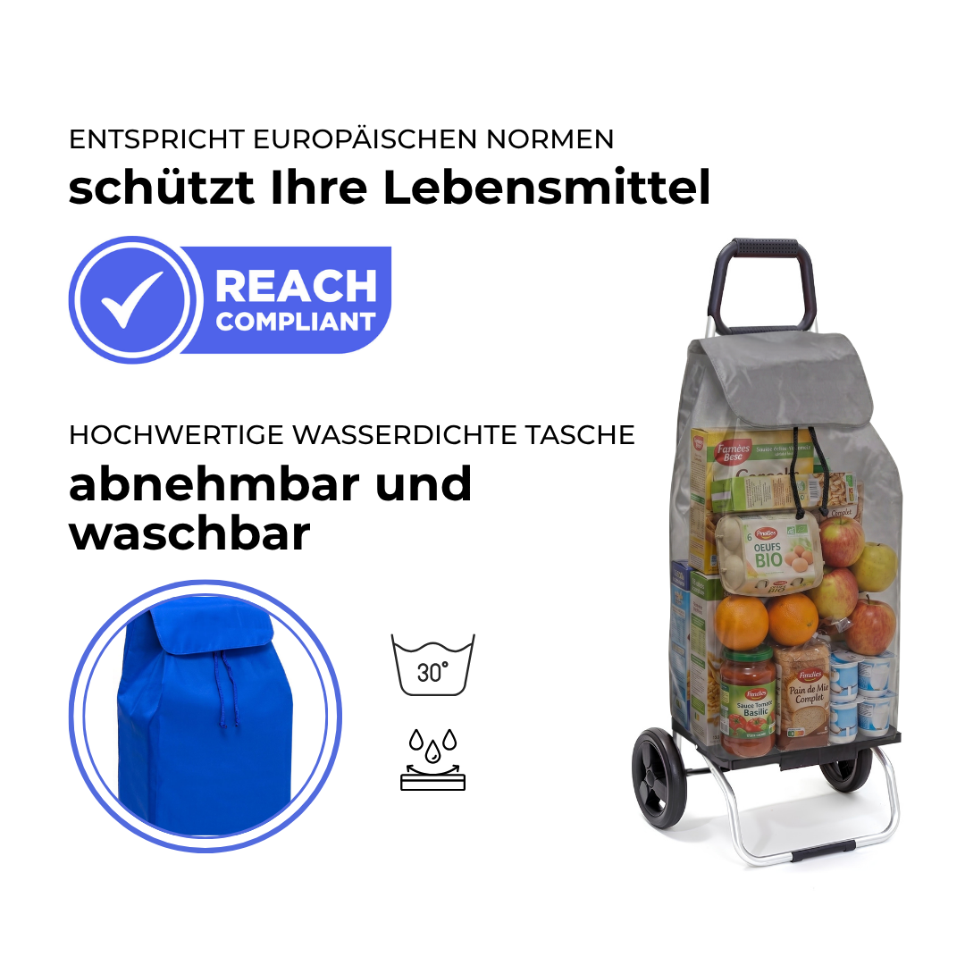 Einkaufstrolley Carlux Éco Bleu 55 L, 2 Räder, REACH-konform, wasserdichte Tasche abnehmbar und bei 30 Grad waschbar