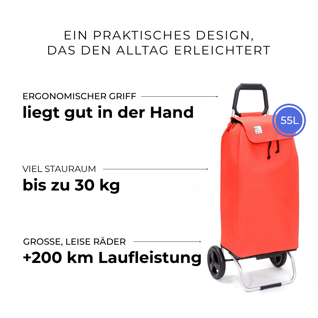 Einkaufstrolley Carlux Fiery Red 55 L, 2 Räder, ergonomischer Griff, bis zu 30 kg Stauraum, leise Räder mit über 200 km Laufleistung
