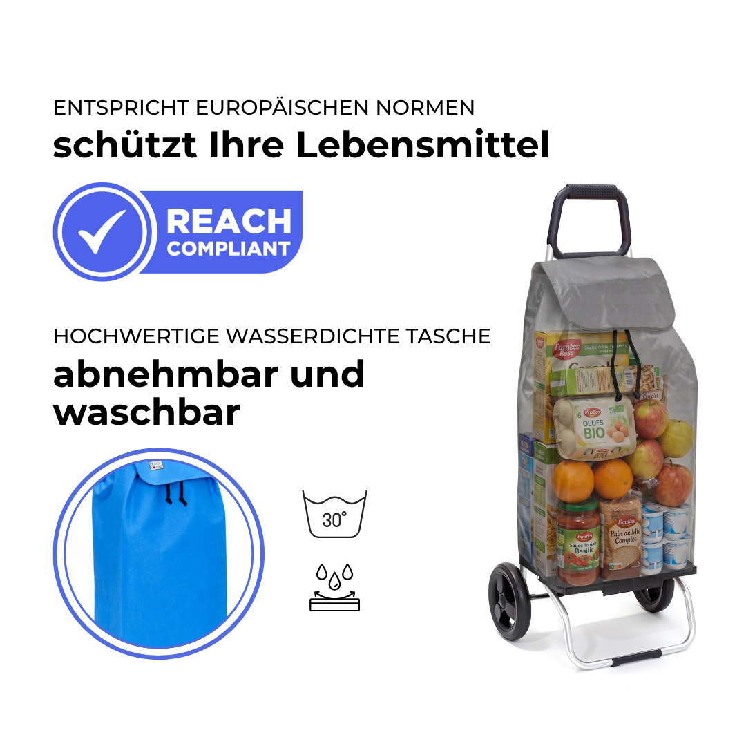 Einkaufstrolley Carlux Blue Lagoon 55 L, 2 Räder, REACH-konform, wasserdichte Tasche abnehmbar und bei 30 Grad waschbar