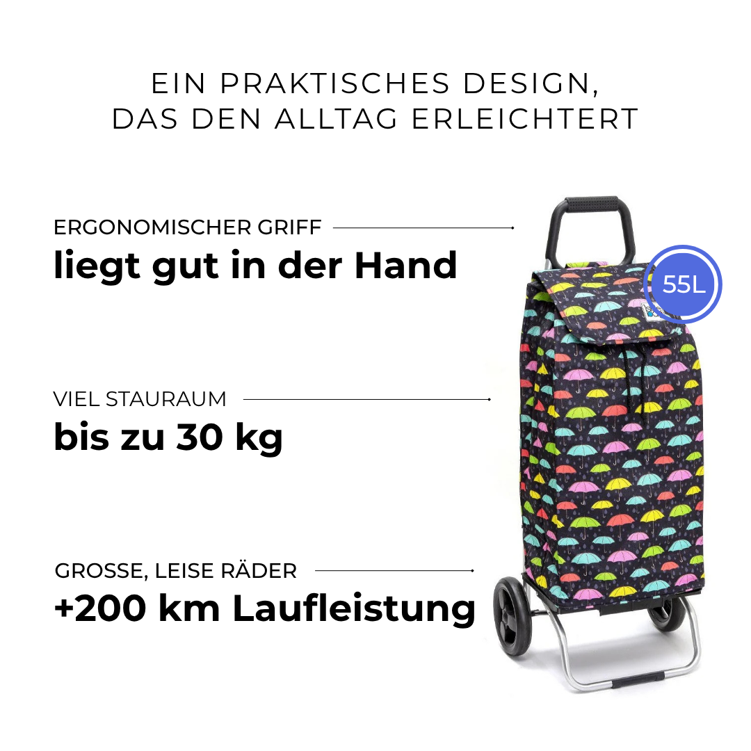 Einkaufstrolley Carlux Parapluie 55 L, 2 Räder, ergonomischer Griff, bis zu 30 kg Stauraum, leise Räder mit über 200 km Laufleistung