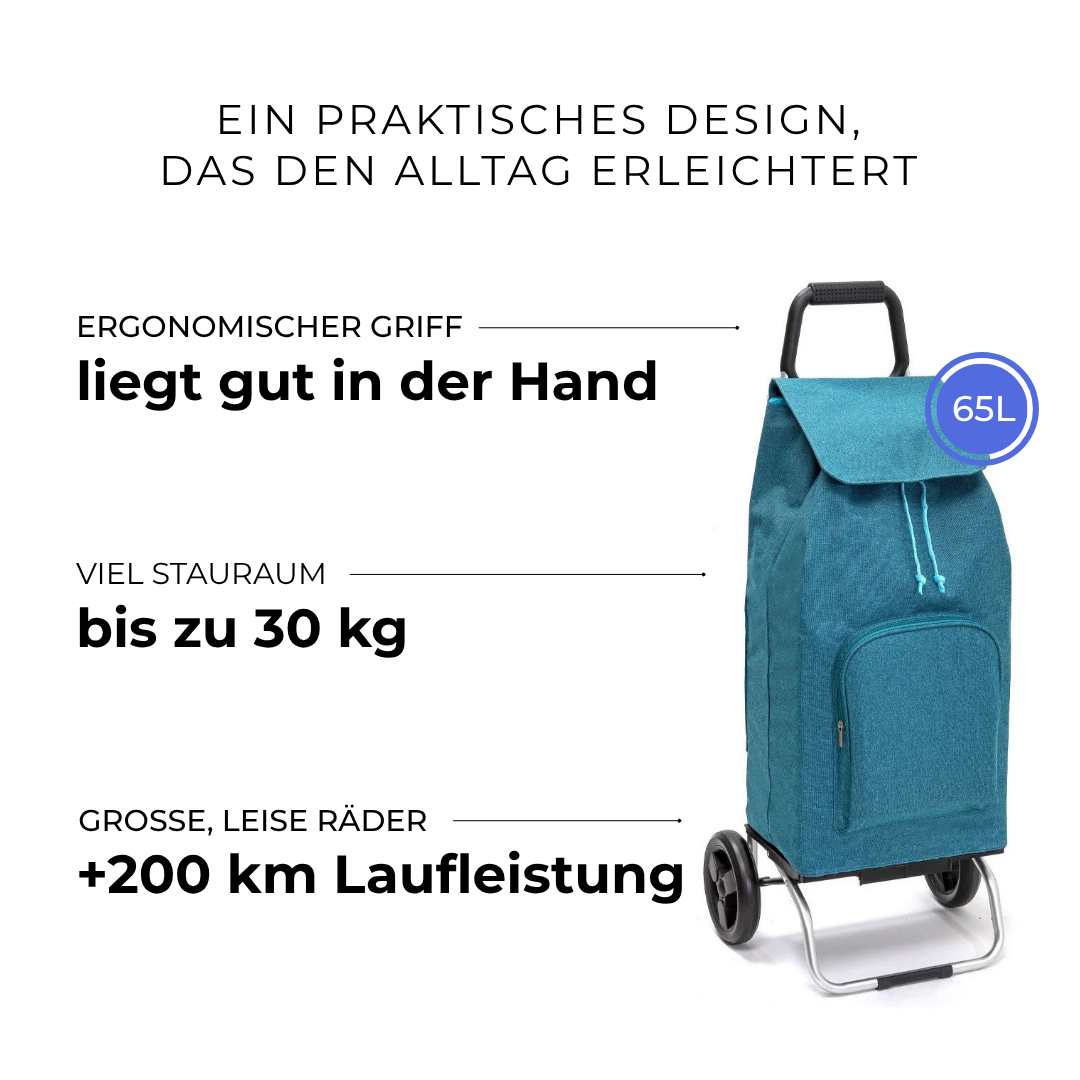 Einkaufstrolley Carlux Entenblau meliert 65 L, mit 10-L-Tasche, 2 Räder, ergonomischer Griff, bis zu 30 kg Stauraum, leise Räder mit über 200 km Laufleistung
