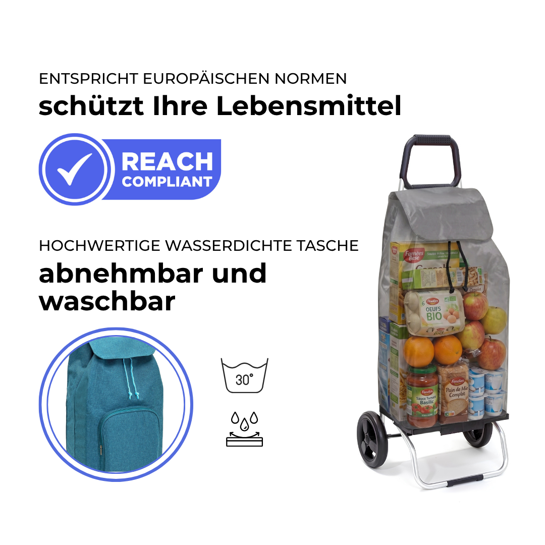 Einkaufstrolley Carlux Entenblau meliert 65 L, mit 10-L-Tasche, 2 Räder, REACH-konform, wasserdichte Tasche abnehmbar und bei 30 Grad waschbar