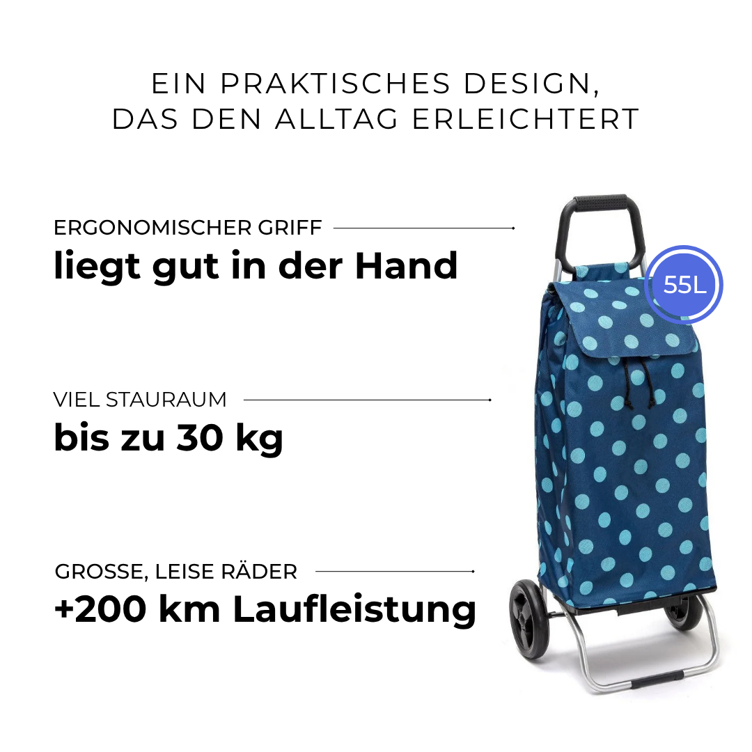 Einkaufstrolley Carlux Pois Bleu Ciel 55 L, 2 Räder, ergonomischer Griff, bis zu 30 kg Stauraum, leise Räder mit über 200 km Laufleistung
