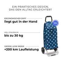 Einkaufstrolley Carlux Pois Bleu Ciel 55 L, 2 Räder, ergonomischer Griff, bis zu 30 kg Stauraum, leise Räder mit über 200 km Laufleistung