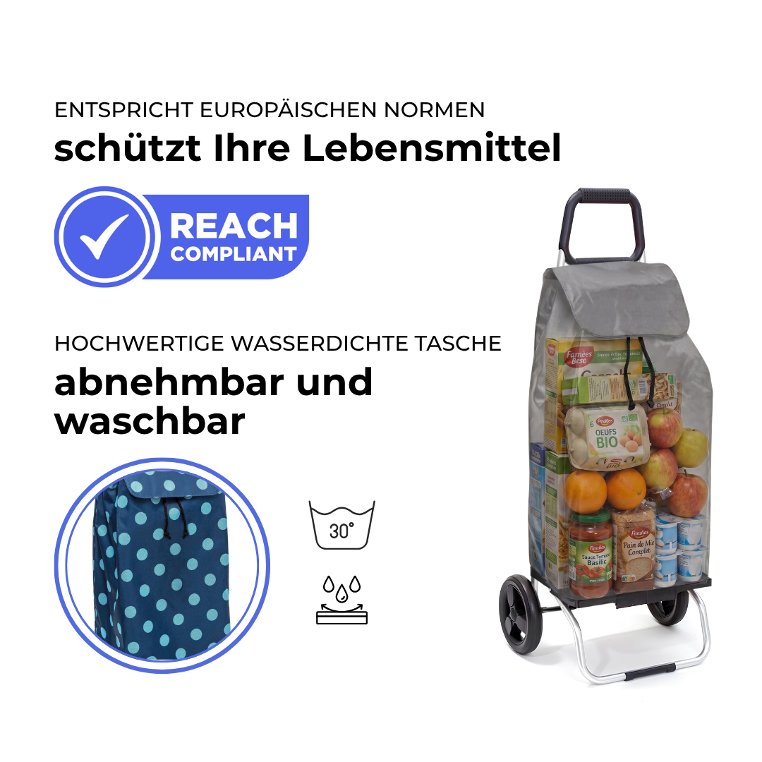 Einkaufstrolley Carlux Pois Bleu Ciel 55 L, 2 Räder, REACH-konform, wasserdichte Tasche abnehmbar und bei 30 Grad waschbar