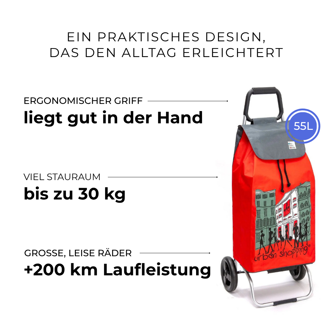 Einkaufstrolley Carlux Rouge US 55 L, 2 Räder, ergonomischer Griff, bis zu 30 kg Stauraum, leise Räder mit über 200 km Laufleistung