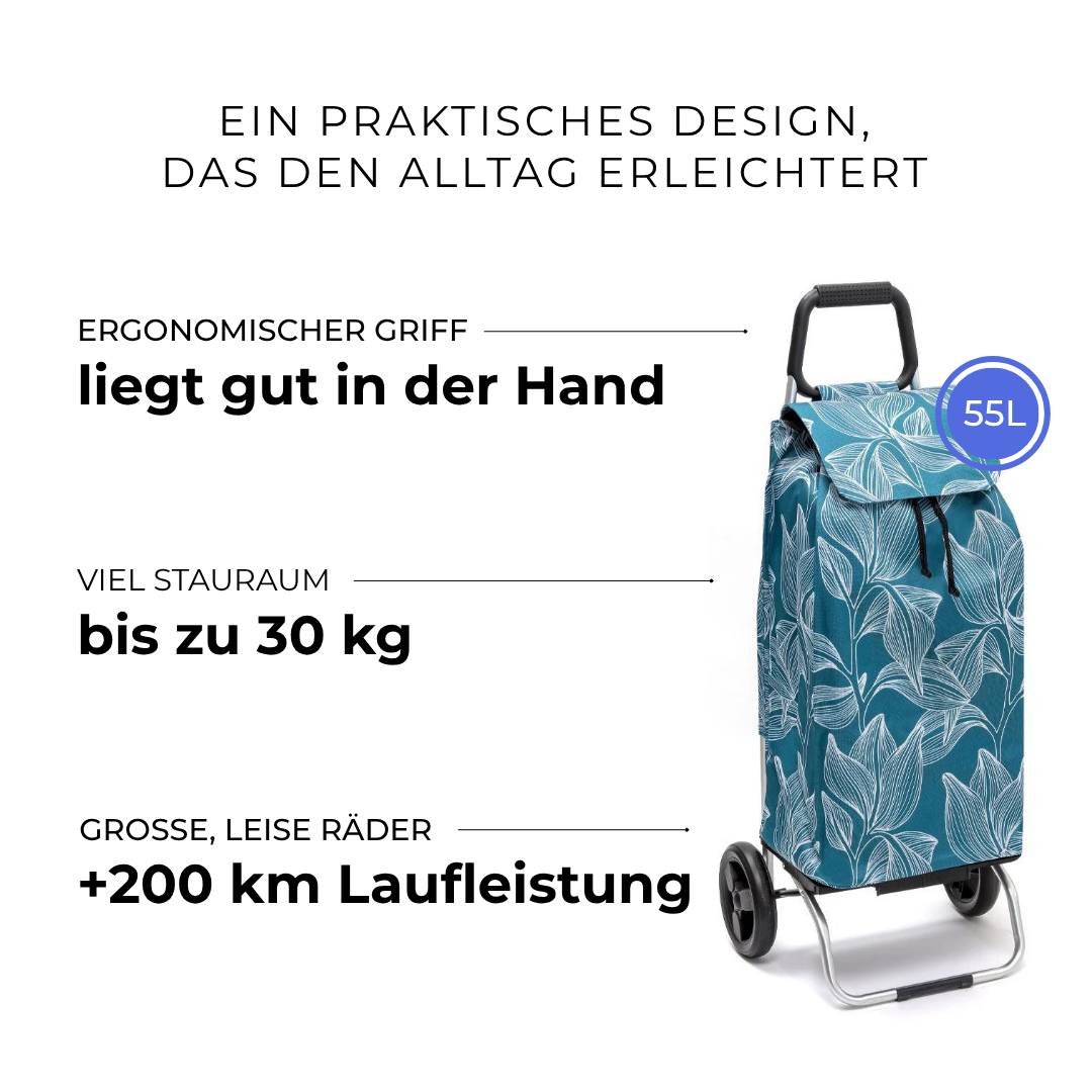 Einkaufstrolley Carlux Greenleaves 55 L, 2 Räder, ergonomischer Griff, bis zu 30 kg Stauraum, leise Räder mit über 200 km Laufleistung