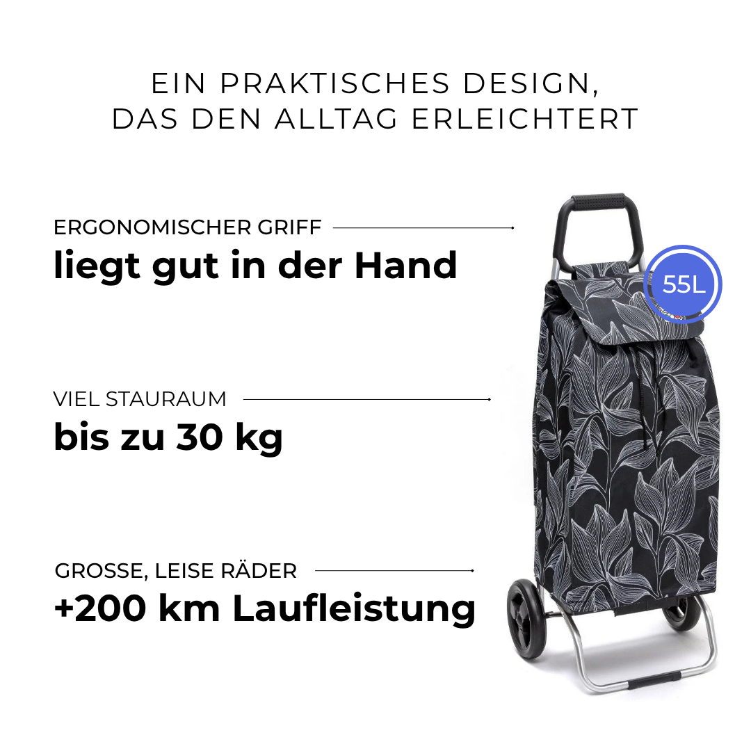 Einkaufstrolley Carlux Blackleaves 55 L, 2 Räder, ergonomischer Griff, bis zu 30 kg Stauraum, leise Räder mit über 200 km Laufleistung