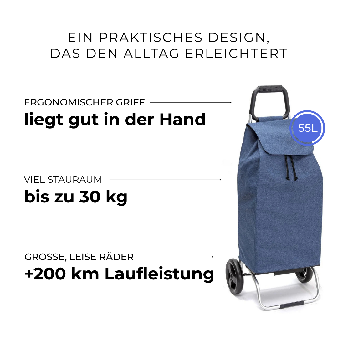 Einkaufstrolley Carlux Bluejean 55 L, 2 Räder, ergonomischer Griff, bis zu 30 kg Stauraum, leise Räder mit über 200 km Laufleistung