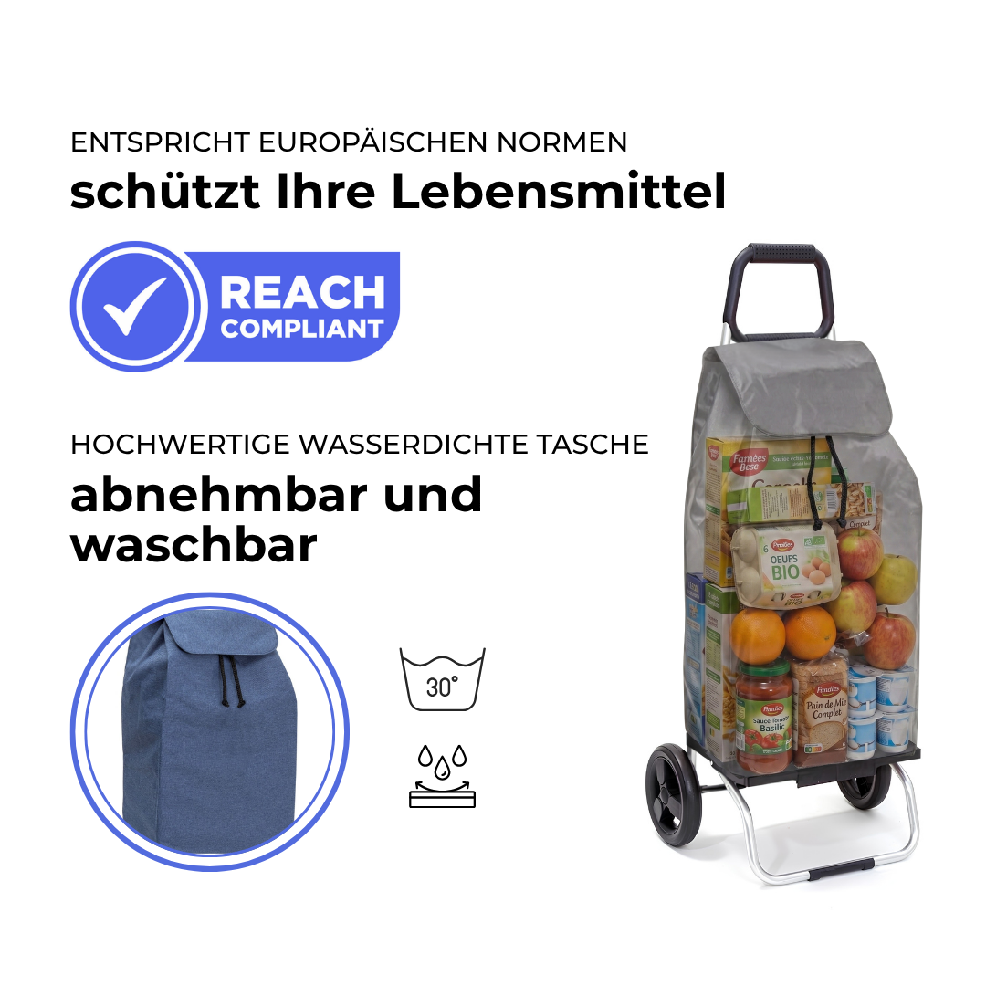 Einkaufstrolley Carlux Bluejean 55 L, 2 Räder, REACH-konform, wasserdichte Tasche abnehmbar und bei 30 Grad waschbar