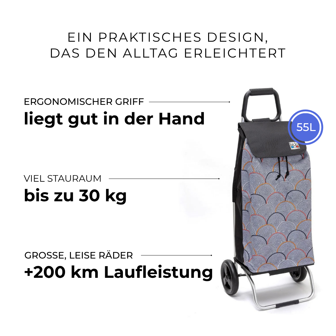 Einkaufstrolley Carlux Psychegrey 55 L, 2 Räder, ergonomischer Griff, bis zu 30 kg Stauraum, leise Räder mit über 200 km Laufleistung