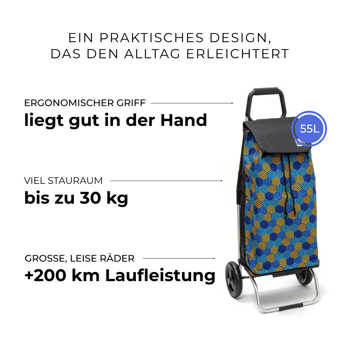 Einkaufstrolley Carlux Hexablue 55 L, 2 Räder, ergonomischer Griff, bis zu 30 kg Stauraum, leise Räder mit über 200 km Laufleistung