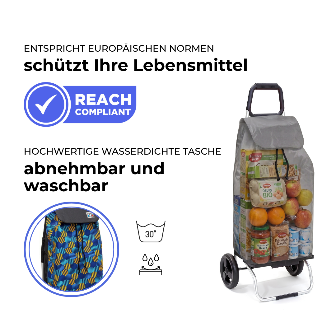Einkaufstrolley Carlux Hexablue 55 L, 2 Räder, REACH-konform, wasserdichte Tasche abnehmbar und bei 30 Grad waschbar
