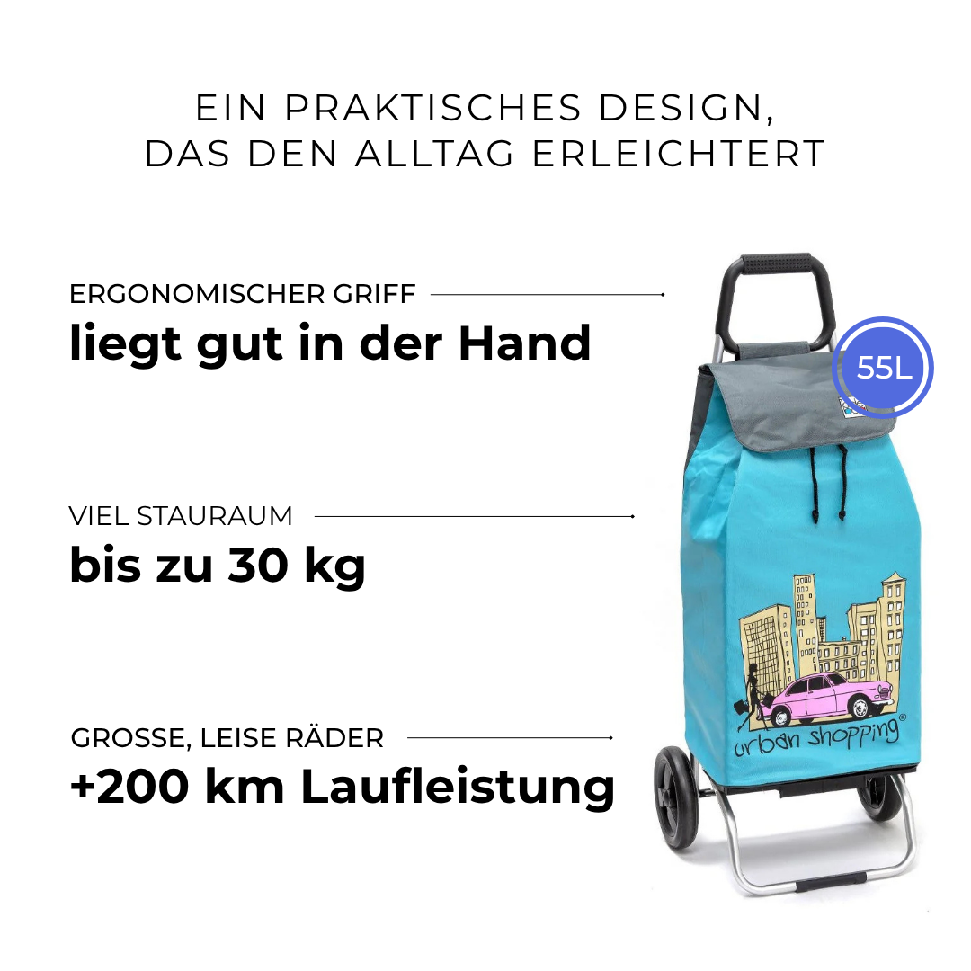 Einkaufstrolley Carlux Turquoise US 55 L, 2 Räder, ergonomischer Griff, bis zu 30 kg Stauraum, leise Räder mit über 200 km Laufleistung