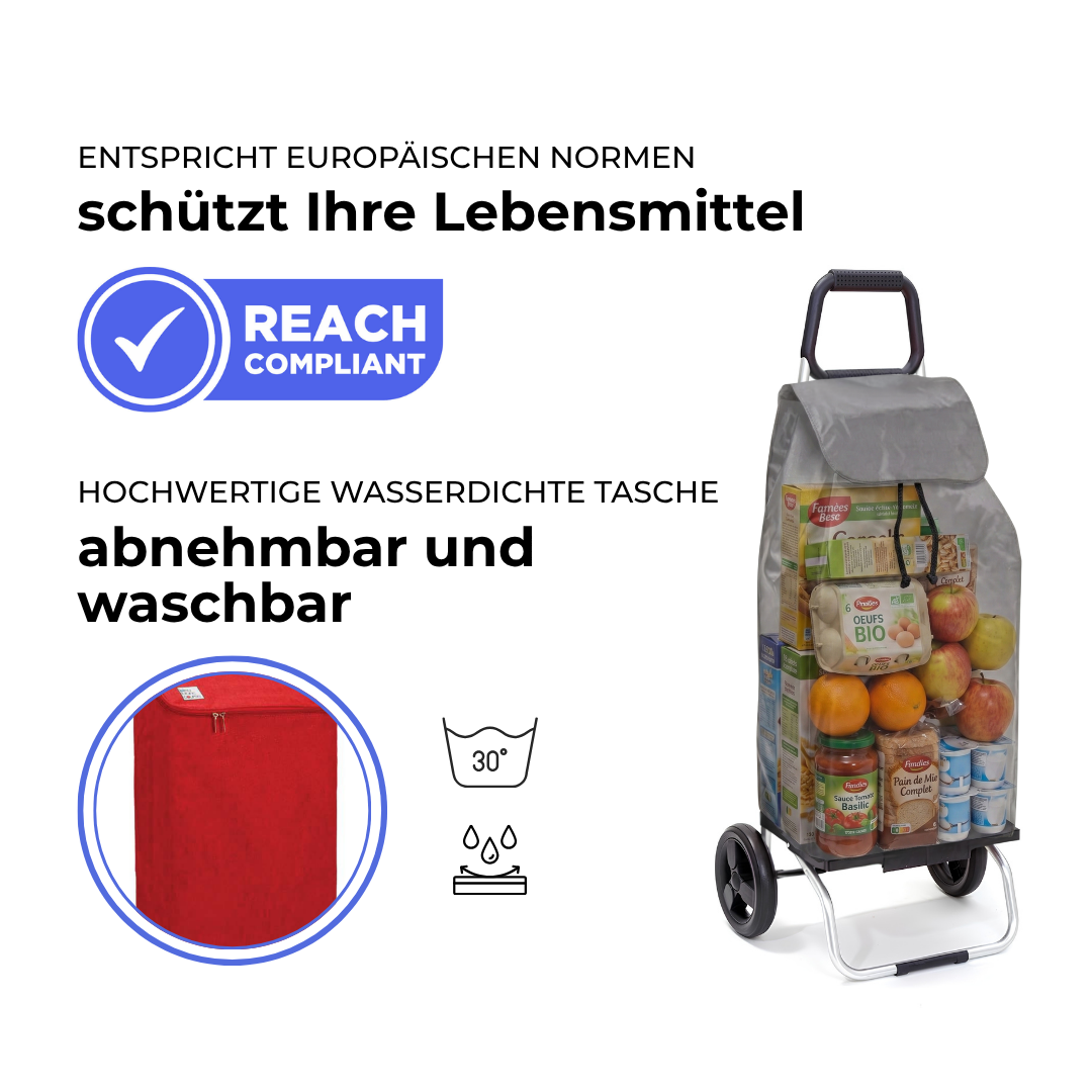 Einkaufstrolley Carlux Rot 47 L, 2 Räder, REACH-konform, wasserdichte Tasche abnehmbar und bei 30 Grad waschbar