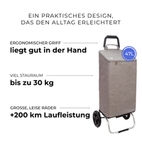 Einkaufstrolley Carlux Grau 47 L, 2 Räder, ergonomischer Griff, bis zu 30 kg Stauraum, leise Räder mit über 200 km Laufleistung
