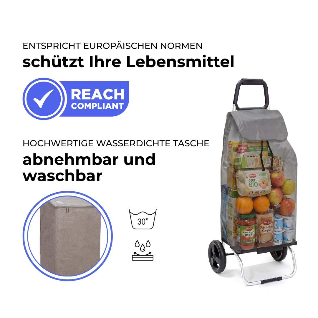 Einkaufstrolley Carlux Grau 47 L, 2 Räder, REACH-konform, wasserdichte Tasche abnehmbar und bei 30 Grad waschbar