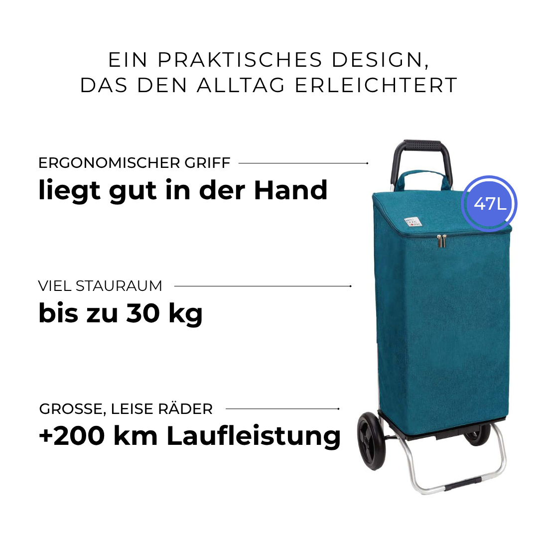 Einkaufstrolley Carlux Türkis 47 L, 2 Räder, ergonomischer Griff, bis zu 30 kg Stauraum, leise Räder mit über 200 km Laufleistung