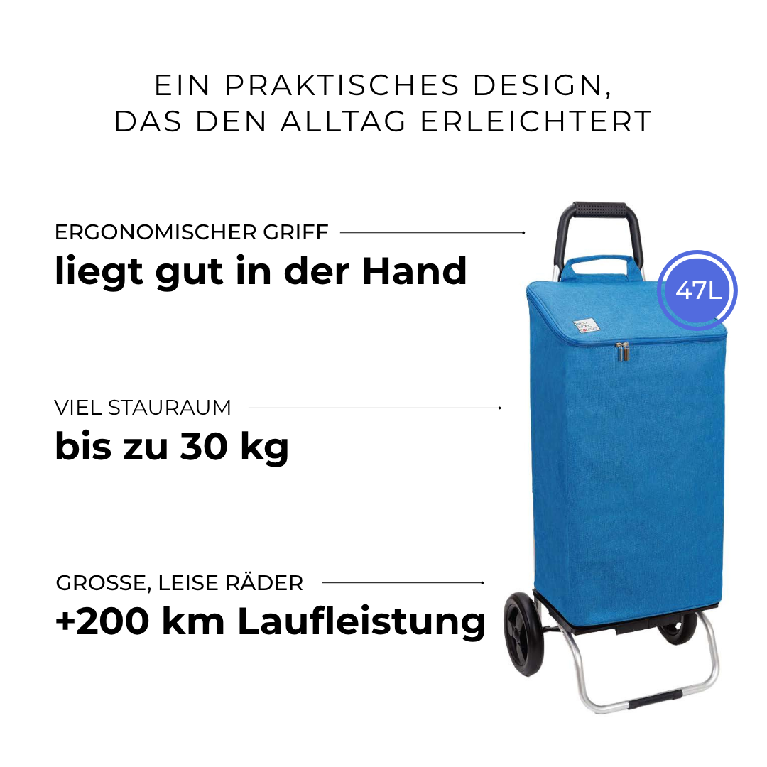 Einkaufstrolley Carlux Blau 47 L, 2 Räder, ergonomischer Griff, bis zu 30 kg Stauraum, leise Räder mit über 200 km Laufleistung