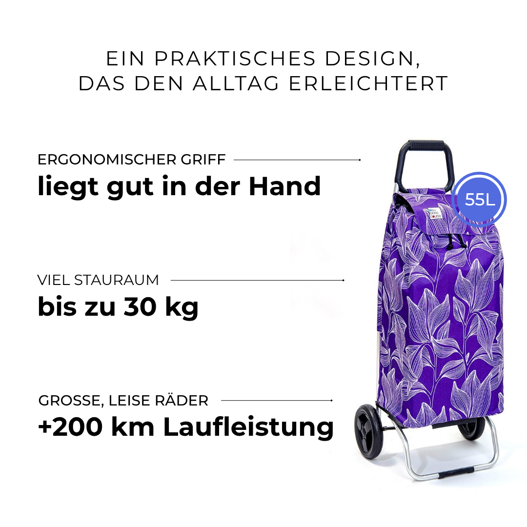 Einkaufstrolley Carlux Purpleleaves 55 L, 2 Räder, ergonomischer Griff, bis zu 30 kg Stauraum, leise Räder mit über 200 km Laufleistung