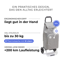 Einkaufstrolley Carlux Grau meliert 65 L, mit 10-L-Kühltasche, 2 Räder, ergonomischer Griff, bis zu 30 kg Stauraum, leise Räder mit über 200 km Laufleistung