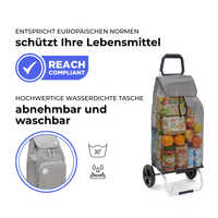 Einkaufstrolley Carlux Grau meliert 65 L, mit 10-L-Kühltasche, 2 Räder, REACH-konform, wasserdichte Tasche abnehmbar und bei 30 Grad waschbar