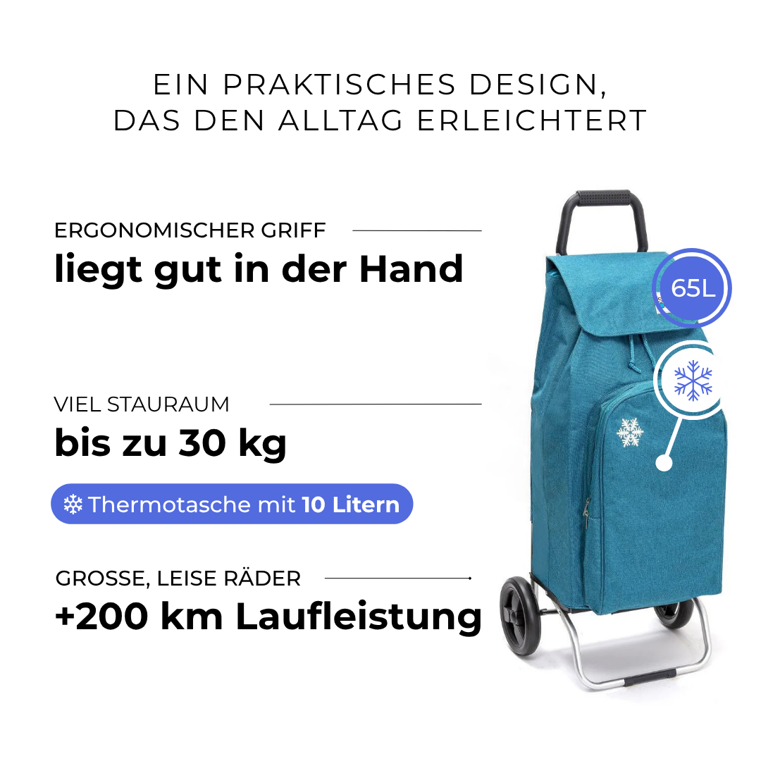 Einkaufstrolley Carlux Entenblau meliert 65 L, mit 10-L-Kühltasche, 2 Räder, ergonomischer Griff, bis zu 30 kg Stauraum, leise Räder mit über 200 km Laufleistung