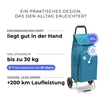 Einkaufstrolley Carlux Entenblau meliert 65 L, mit 10-L-Kühltasche, 2 Räder, ergonomischer Griff, bis zu 30 kg Stauraum, leise Räder mit über 200 km Laufleistung