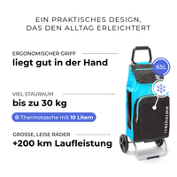 Einkaufstrolley Carlux Türkis-Anthrazit 65 L, mit 10-L-Kühltasche, 2 Räder, ergonomischer Griff, bis zu 30 kg Stauraum, leise Räder mit über 200 km Laufleistung